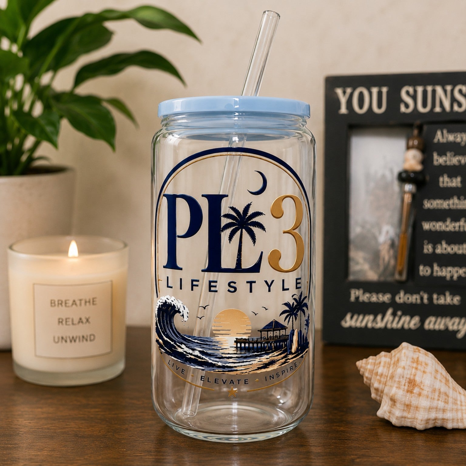 PL3 Lifestyle 16 ounce glass can cup with light blue lid and glass straw