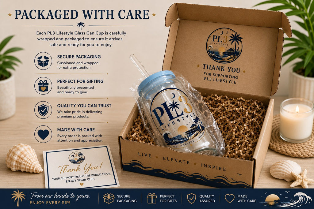 PL3 Lifestyle glass can cup packaged securely in a gift box