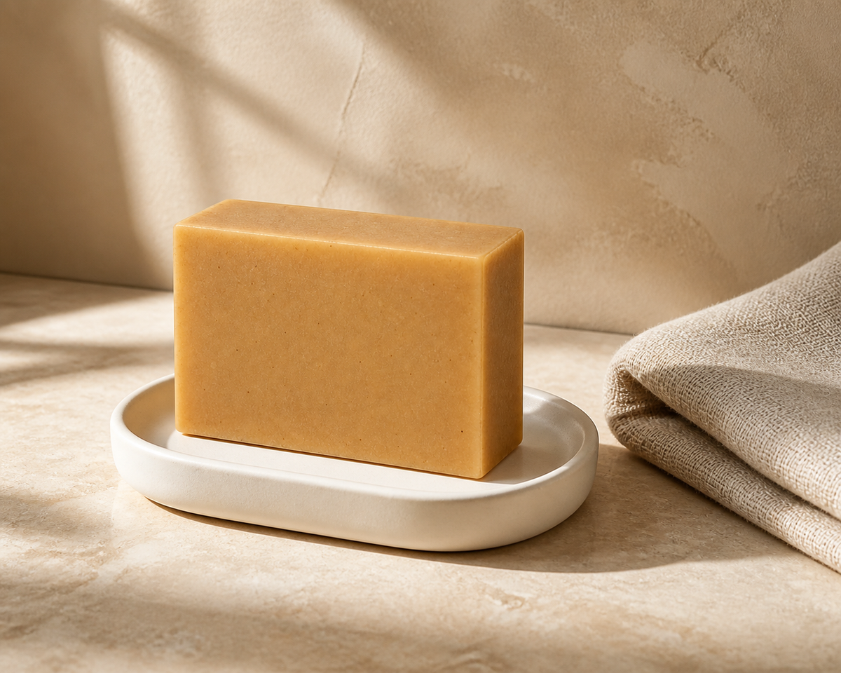 PL3 Oatmeal Milk and Honey soap displayed in a warm neutral spa bathroom