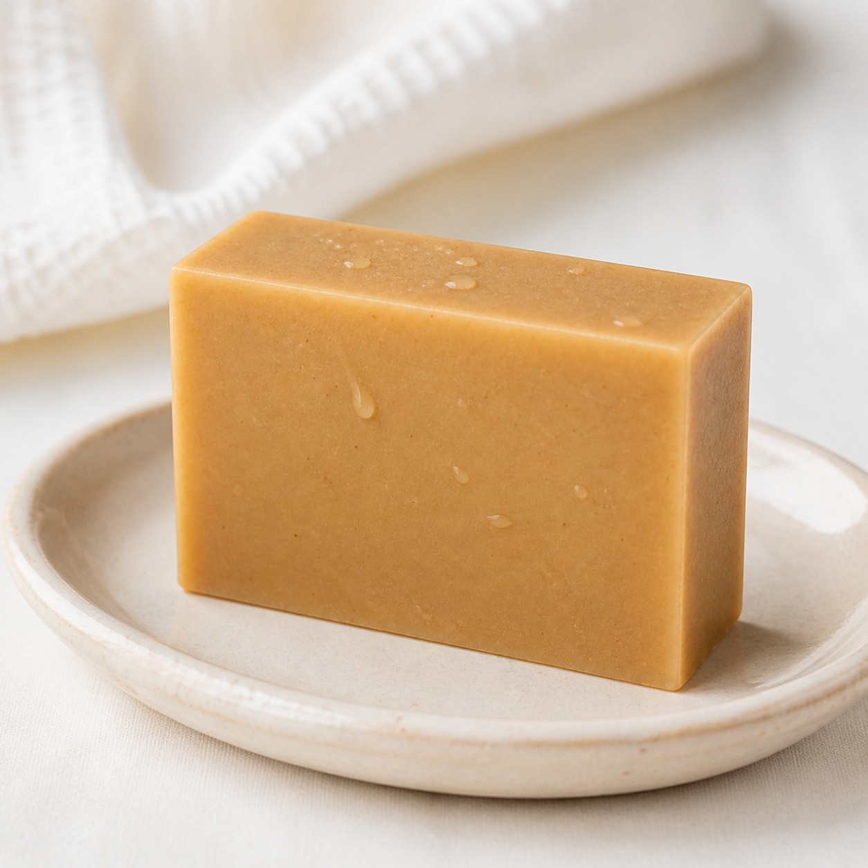 PL3 Oatmeal Milk and Honey soap with water droplets on a ceramic dish