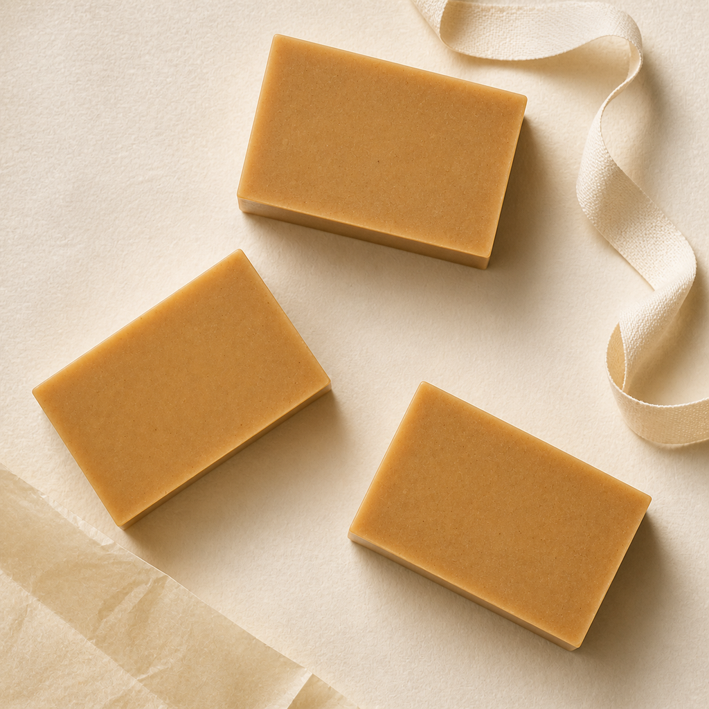 Three PL3 Oatmeal Milk and Honey soap bars arranged as a gift set