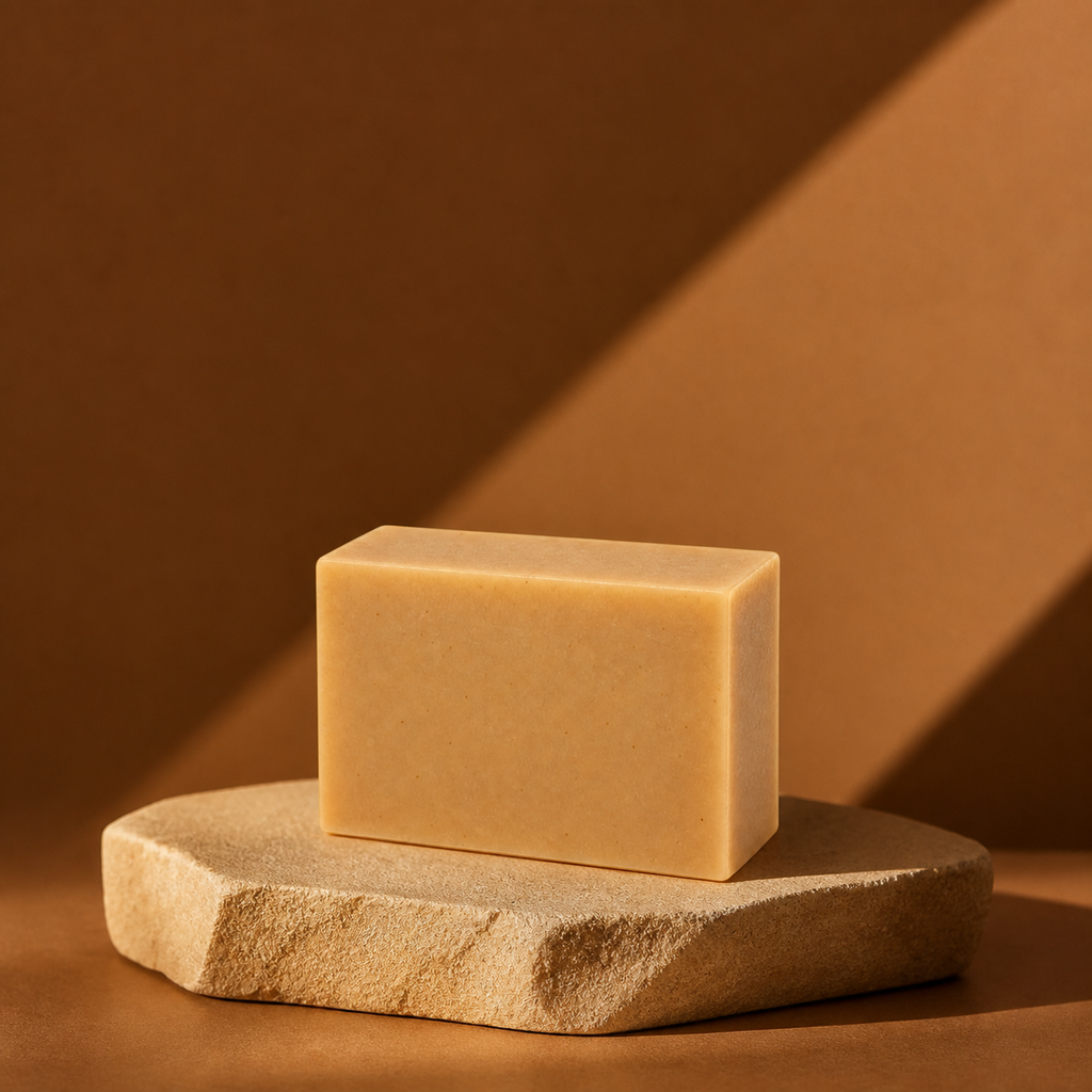 PL3 Oatmeal Milk and Honey soap in a premium editorial setting