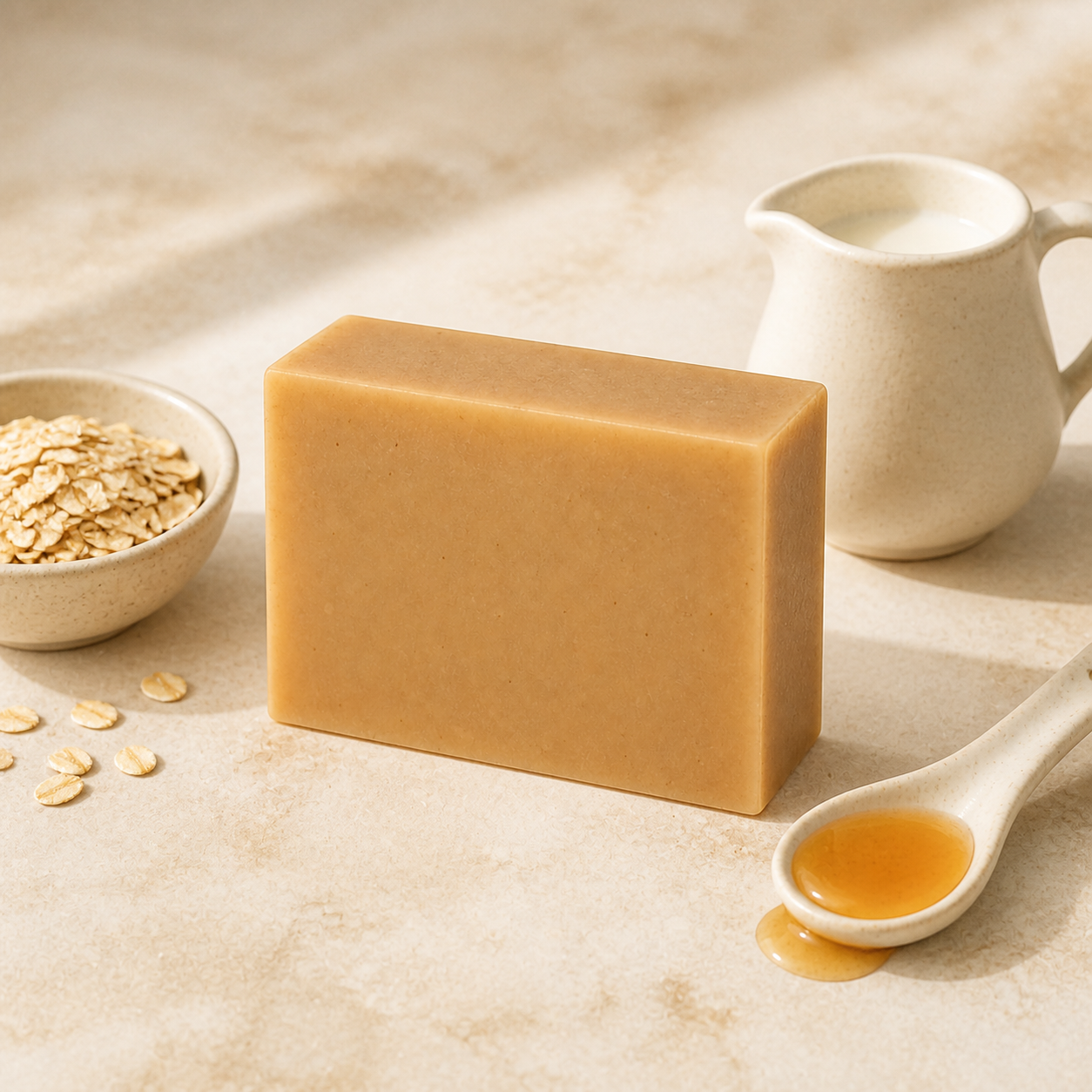 PL3 soap styled with oatmeal and Oatmeal Milk and Honey fragrance cues