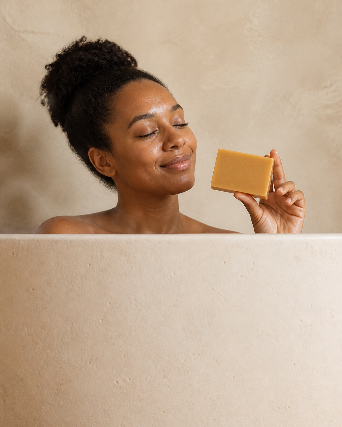 Black woman holding PL3 Oatmeal Milk and Honey soap in a warm spa bath setting