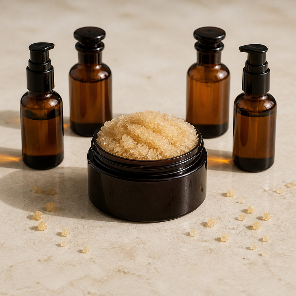 Oatmeal Milk and Honey Brown Sugar Scrub with raw cane sugar and four cosmetic oil bottles