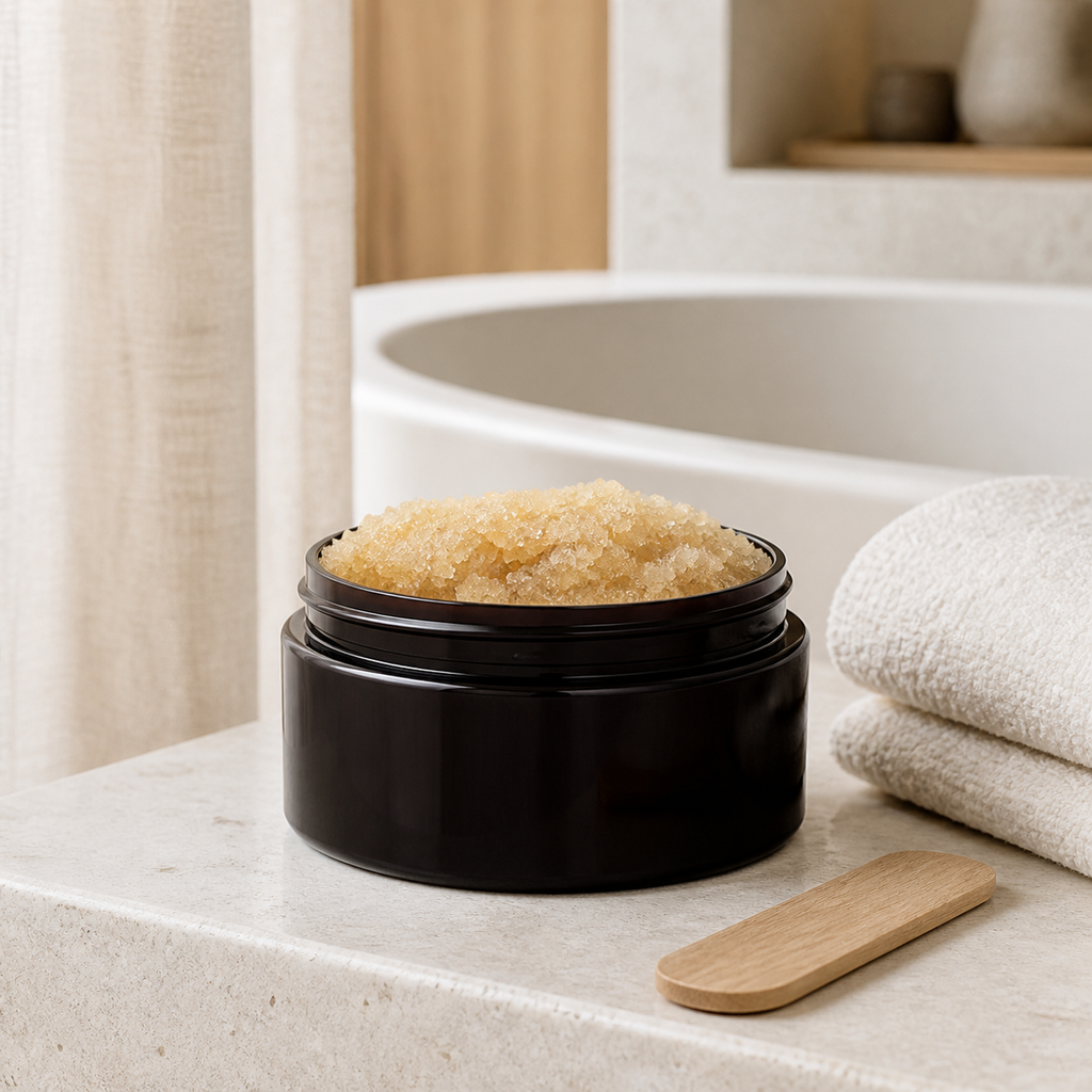 Oatmeal Milk and Honey Brown Sugar Scrub in a serene spa bathroom