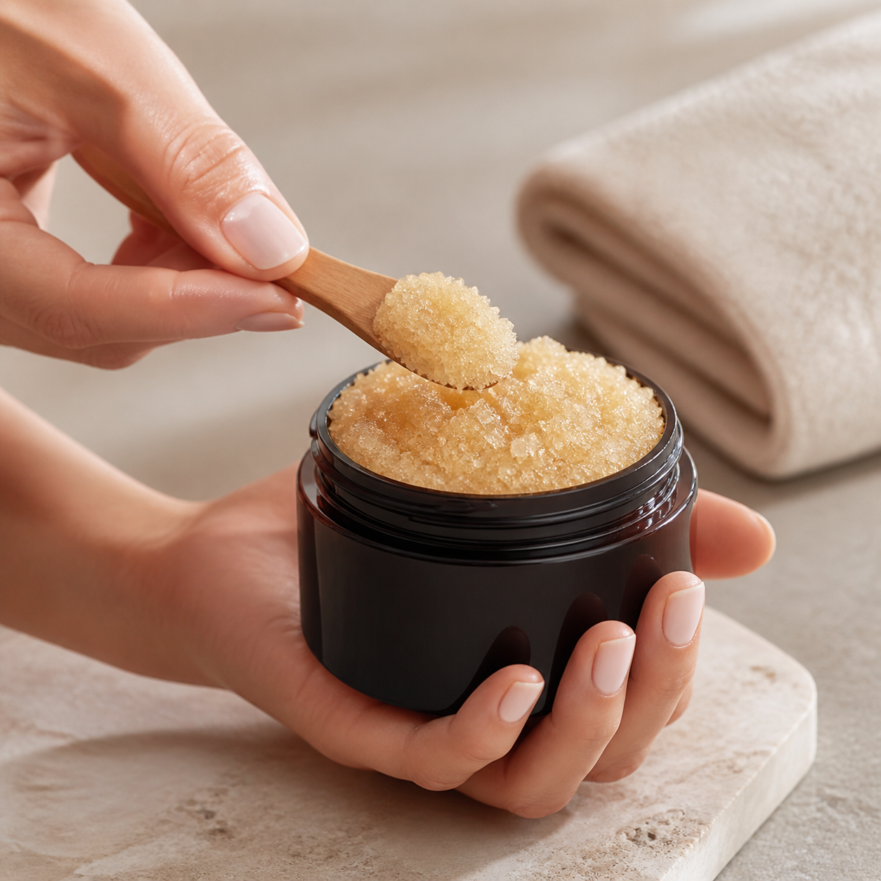 Hand scooping Oatmeal Milk and Honey Brown Sugar Scrub