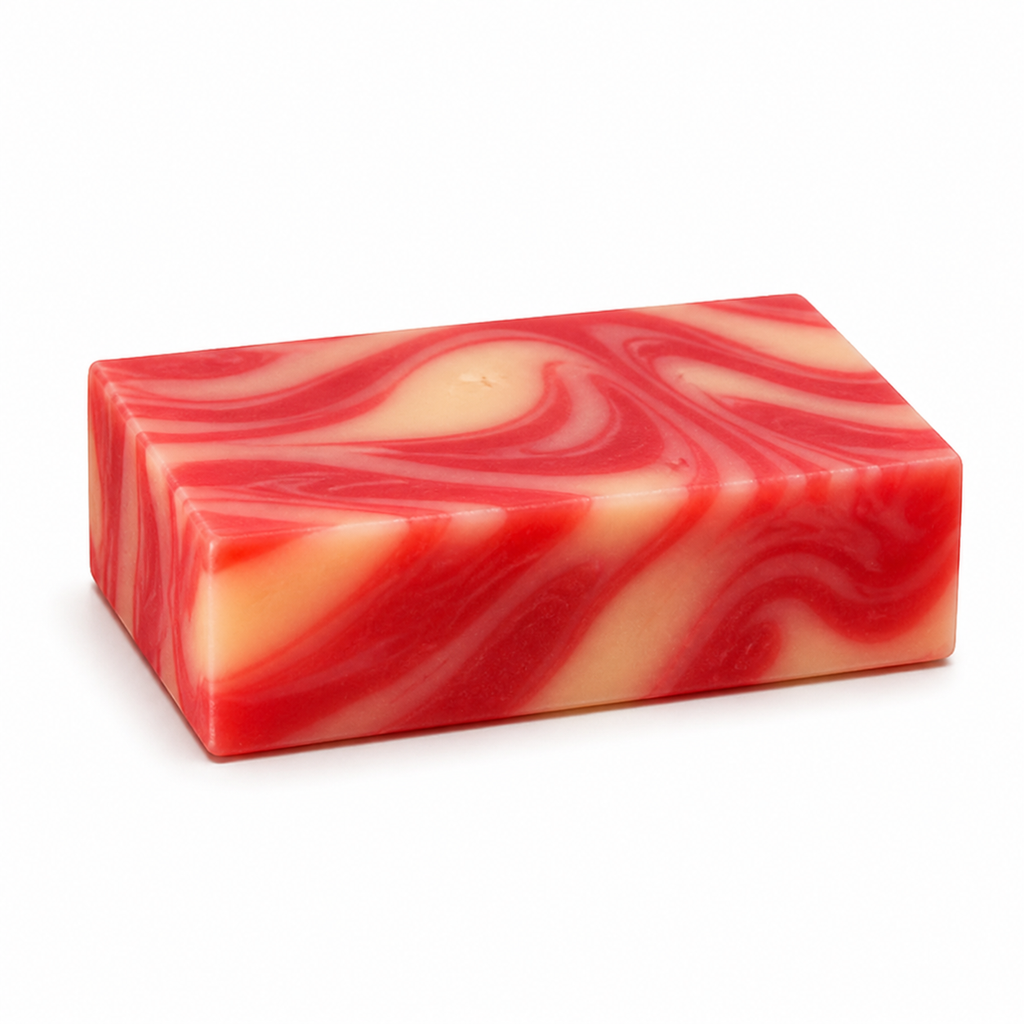 Single PL3 Plumeria cold process soap bar with red and cream marbling