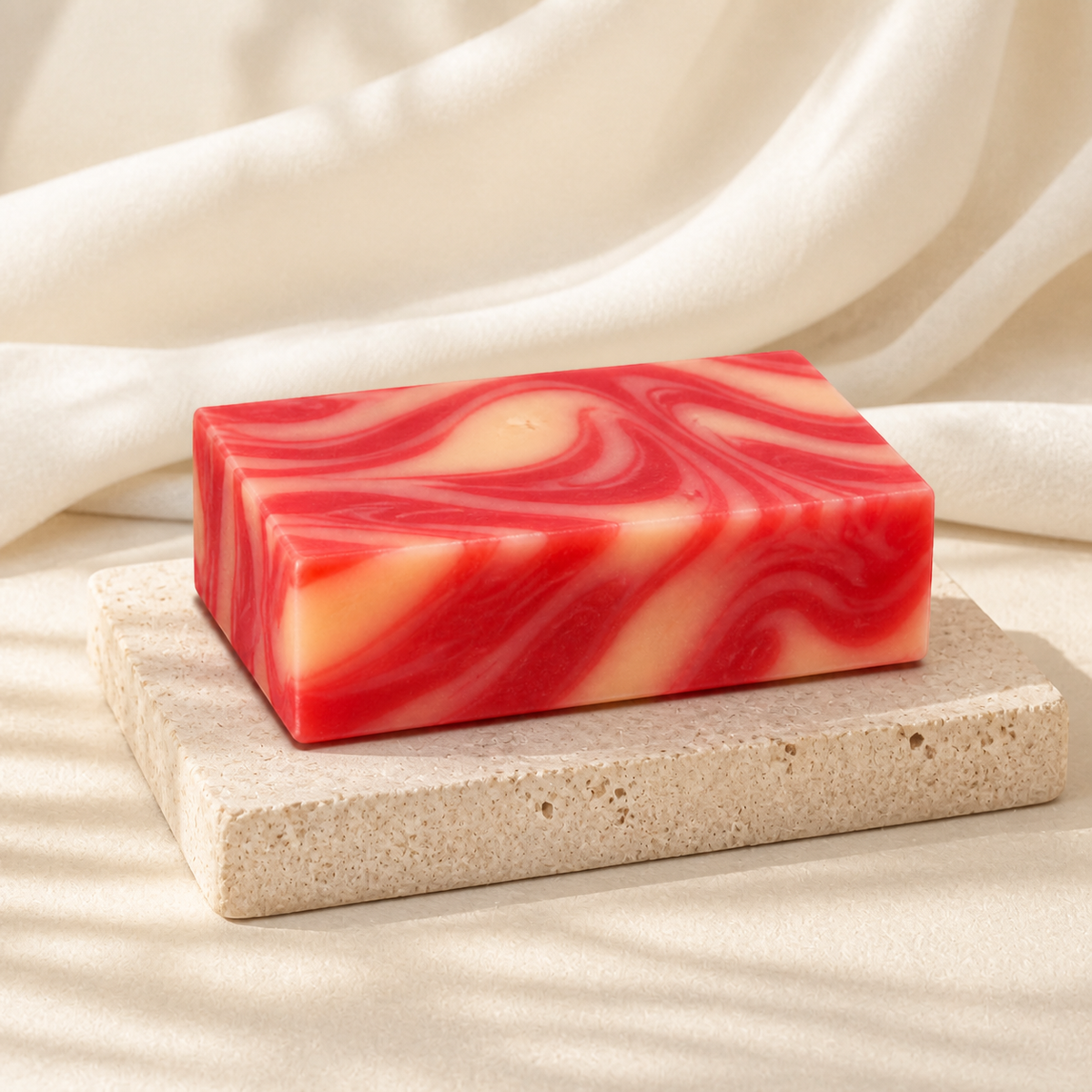 PL3 Plumeria cold process soap bar on a warm stone pedestal