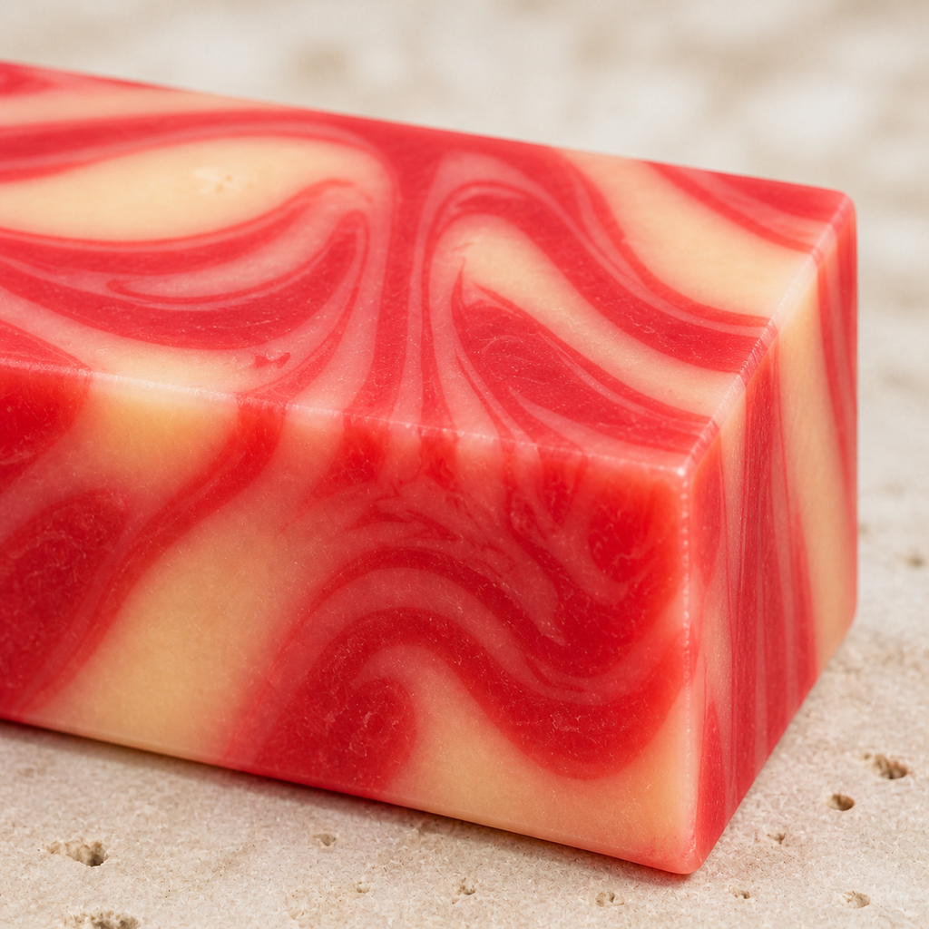 Close-up of the smooth red and cream marbling on PL3 Plumeria soap