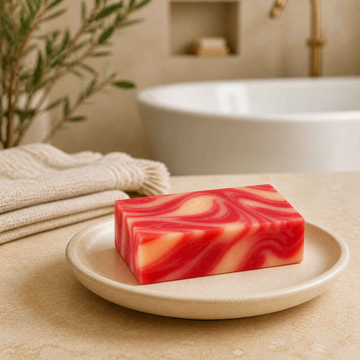 PL3 Plumeria soap in a warm neutral spa bathroom