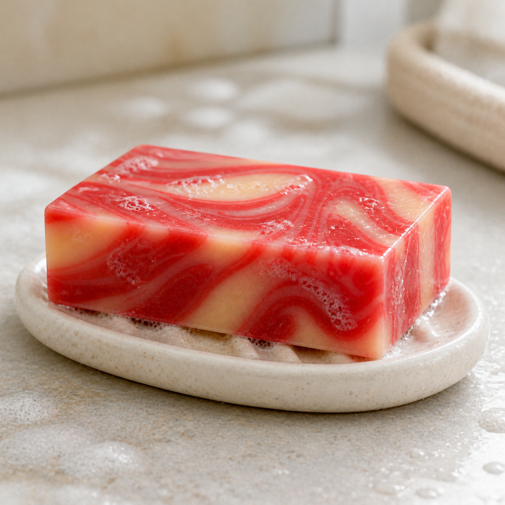PL3 Plumeria soap with water droplets and light lather on a ceramic dish