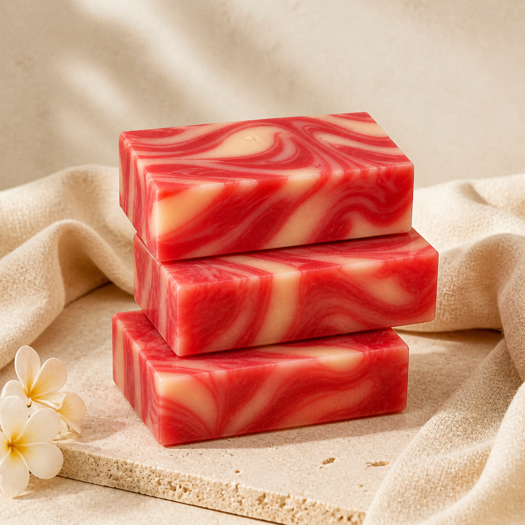 Three PL3 Plumeria soap bars arranged as a premium set