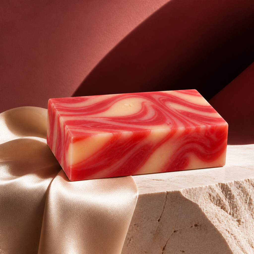 PL3 Plumeria soap in a rich burgundy editorial setting
