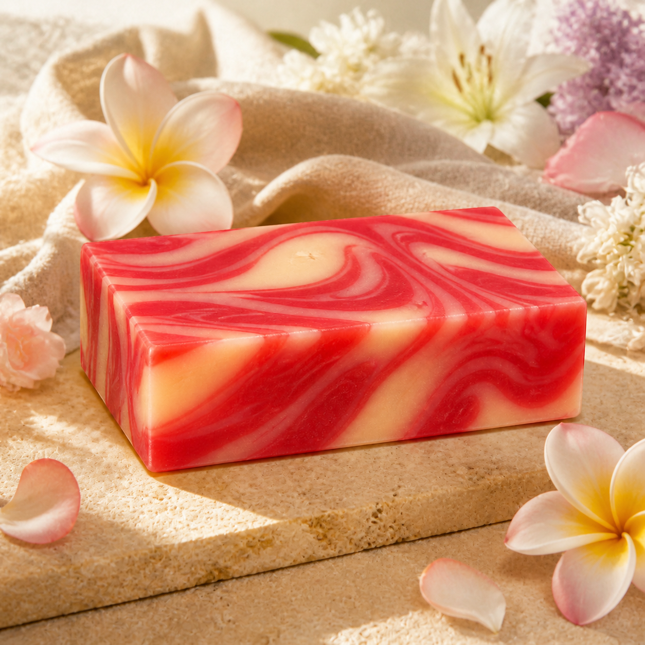 PL3 Plumeria soap styled with elegant floral fragrance cues