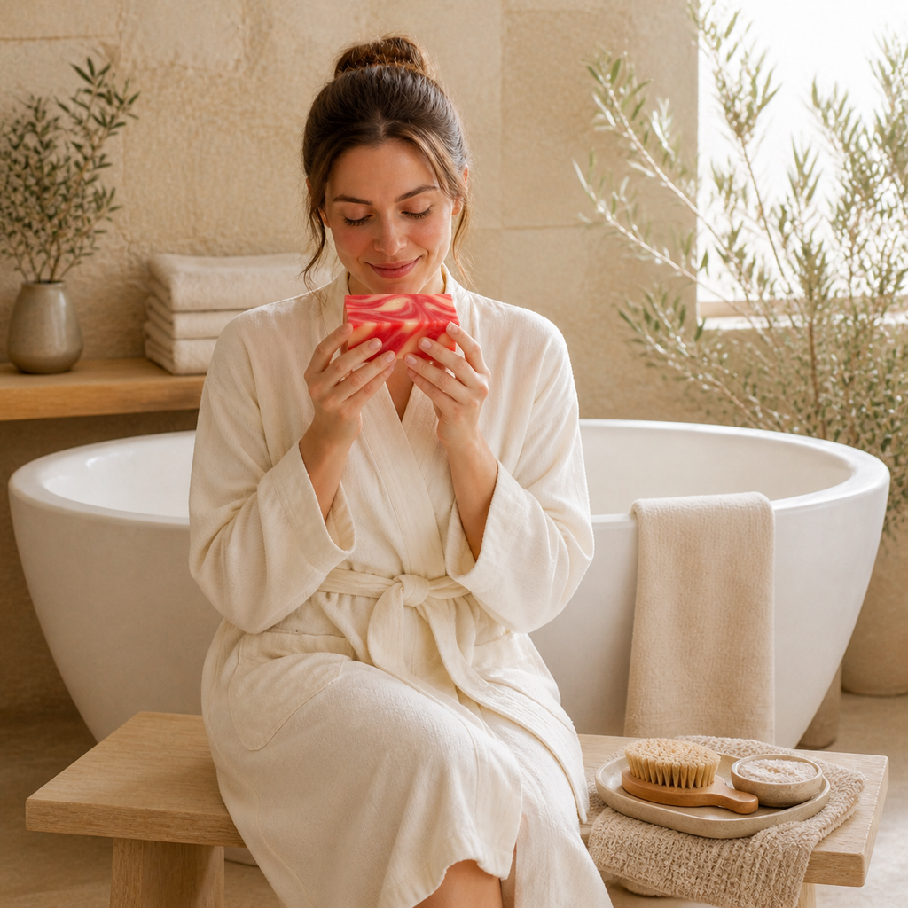 Woman seated beside a spa bathtub enjoying the fragrance of PL3 Plumeria soap