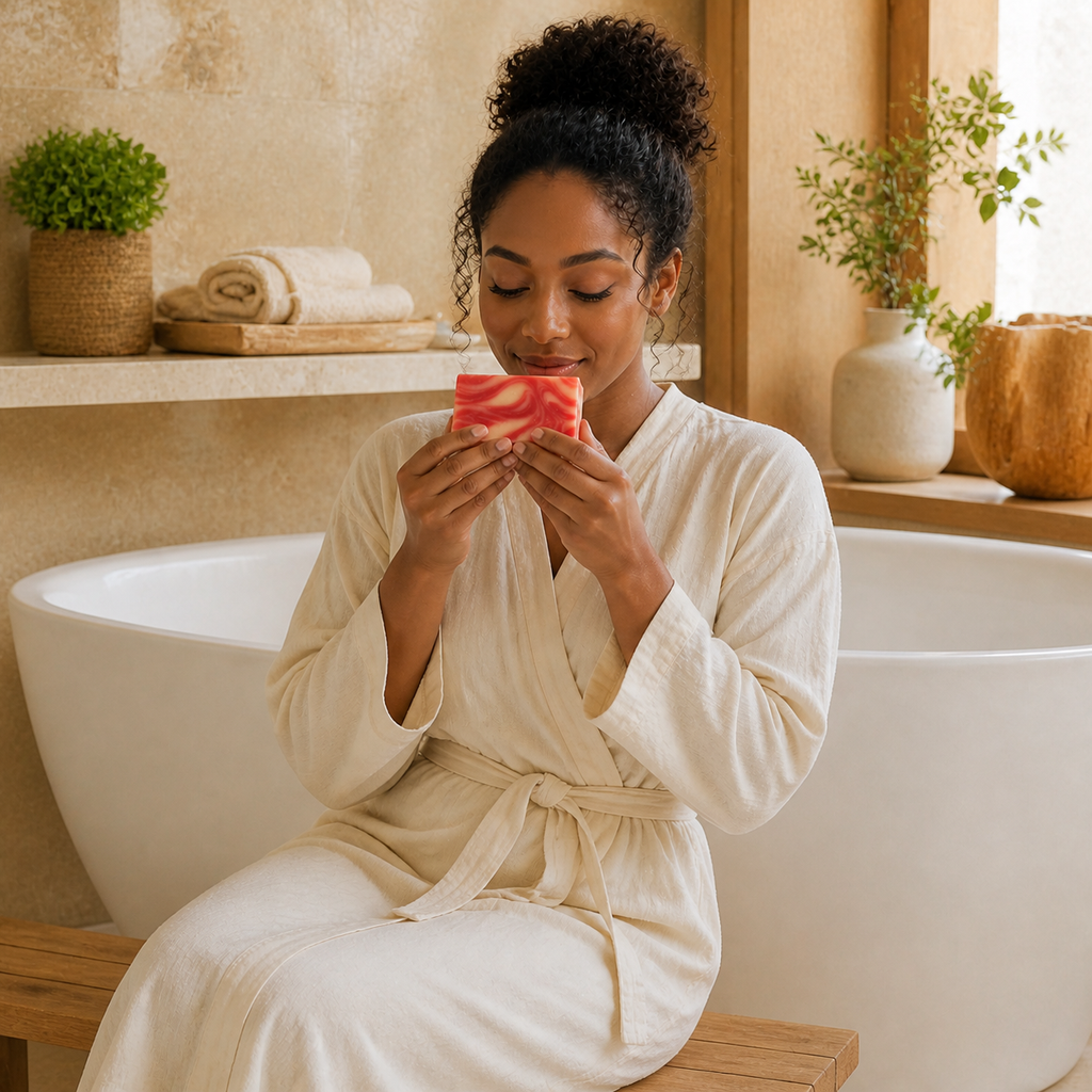 Black woman seated beside a spa bathtub enjoying the fragrance of PL3 Plumeria soap