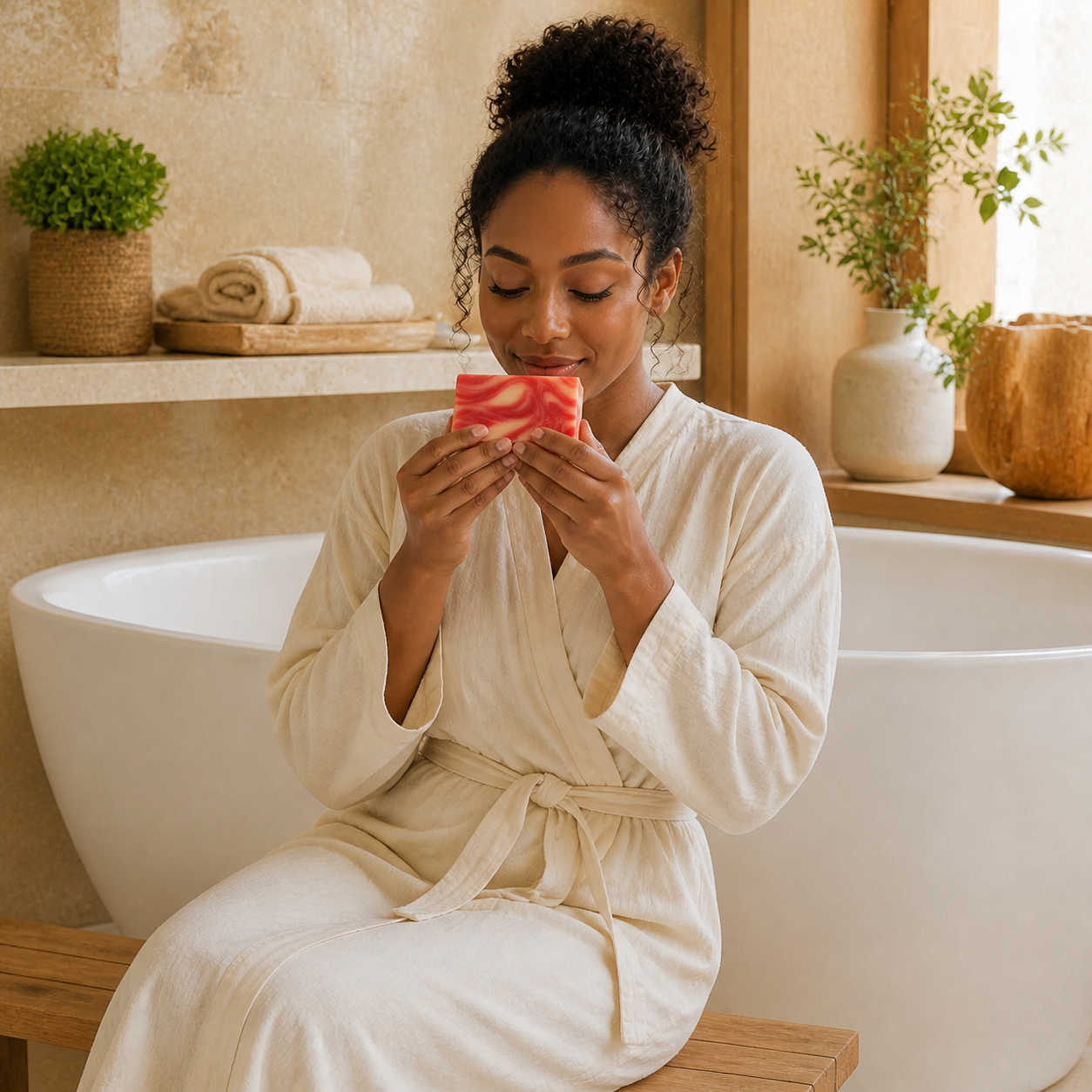 Black woman seated beside a spa bathtub enjoying the fragrance of PL3 Plumeria soap