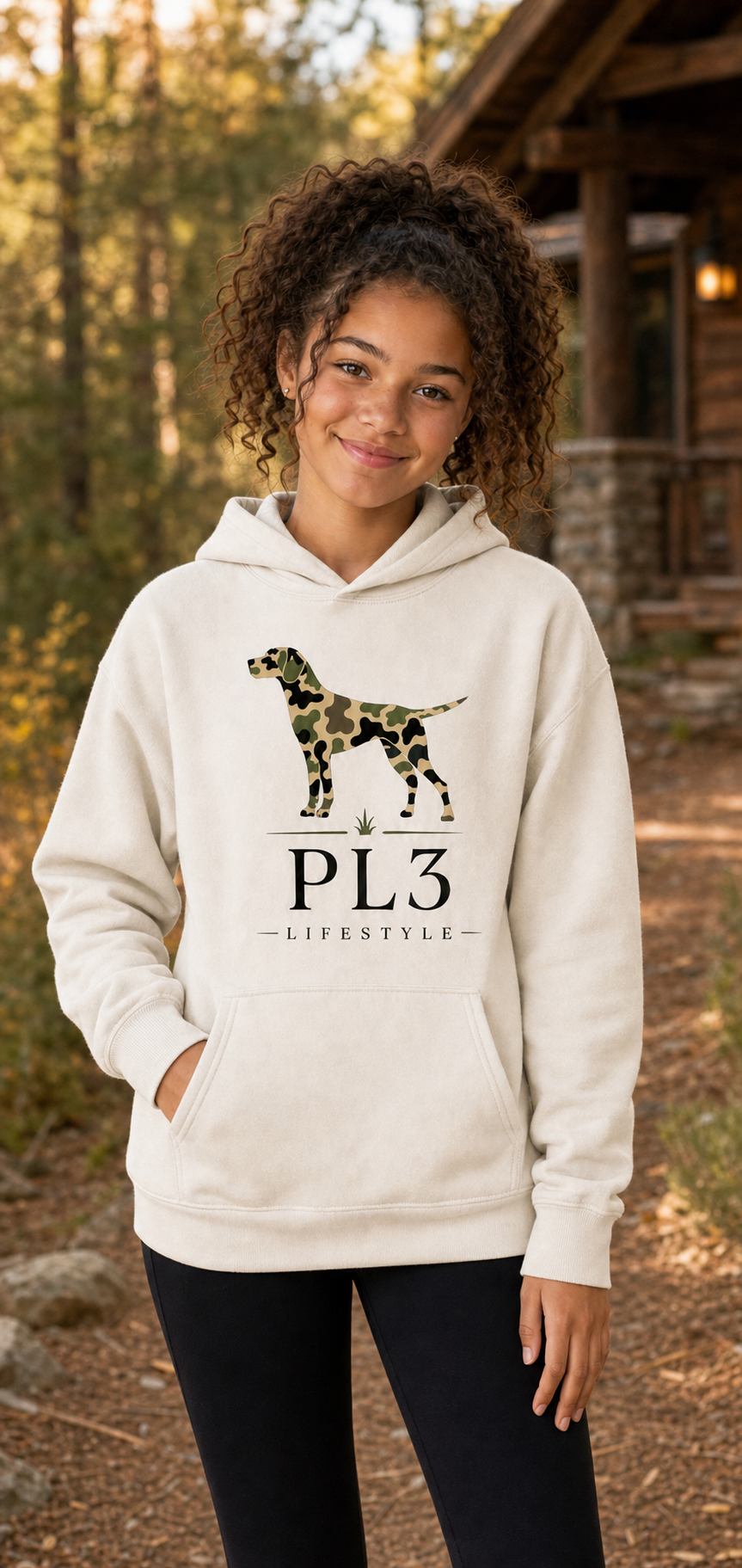 Biracial teenage model wearing the PL3 Youth Hunting Dog Hoodie in Natural