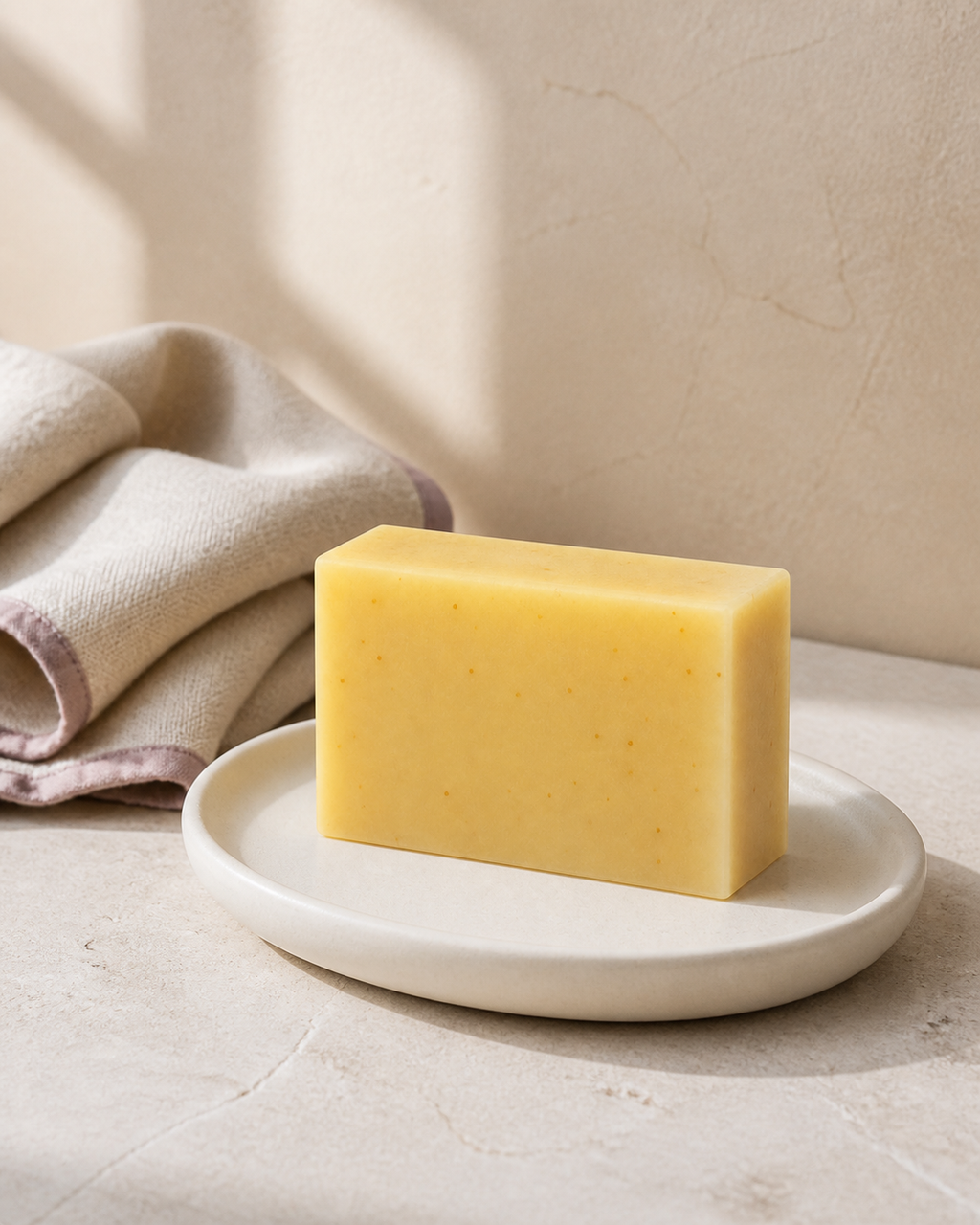 PL3 Ylang Ylang Lavender soap in a calm neutral spa bathroom