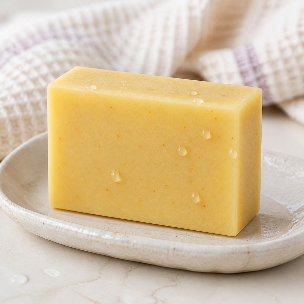 PL3 Ylang Ylang Lavender soap with water droplets on a ceramic dish
