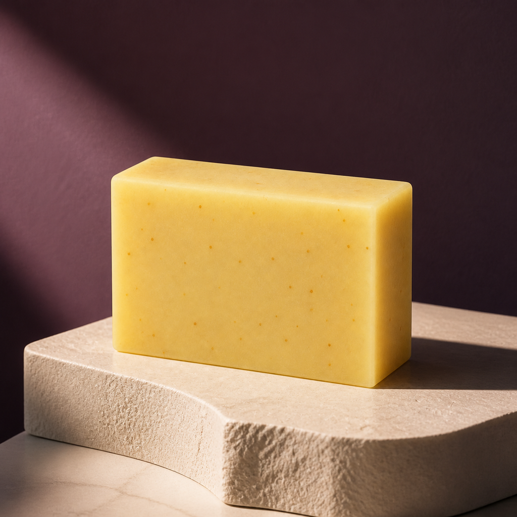 PL3 Ylang Ylang Lavender soap in a premium plum editorial setting