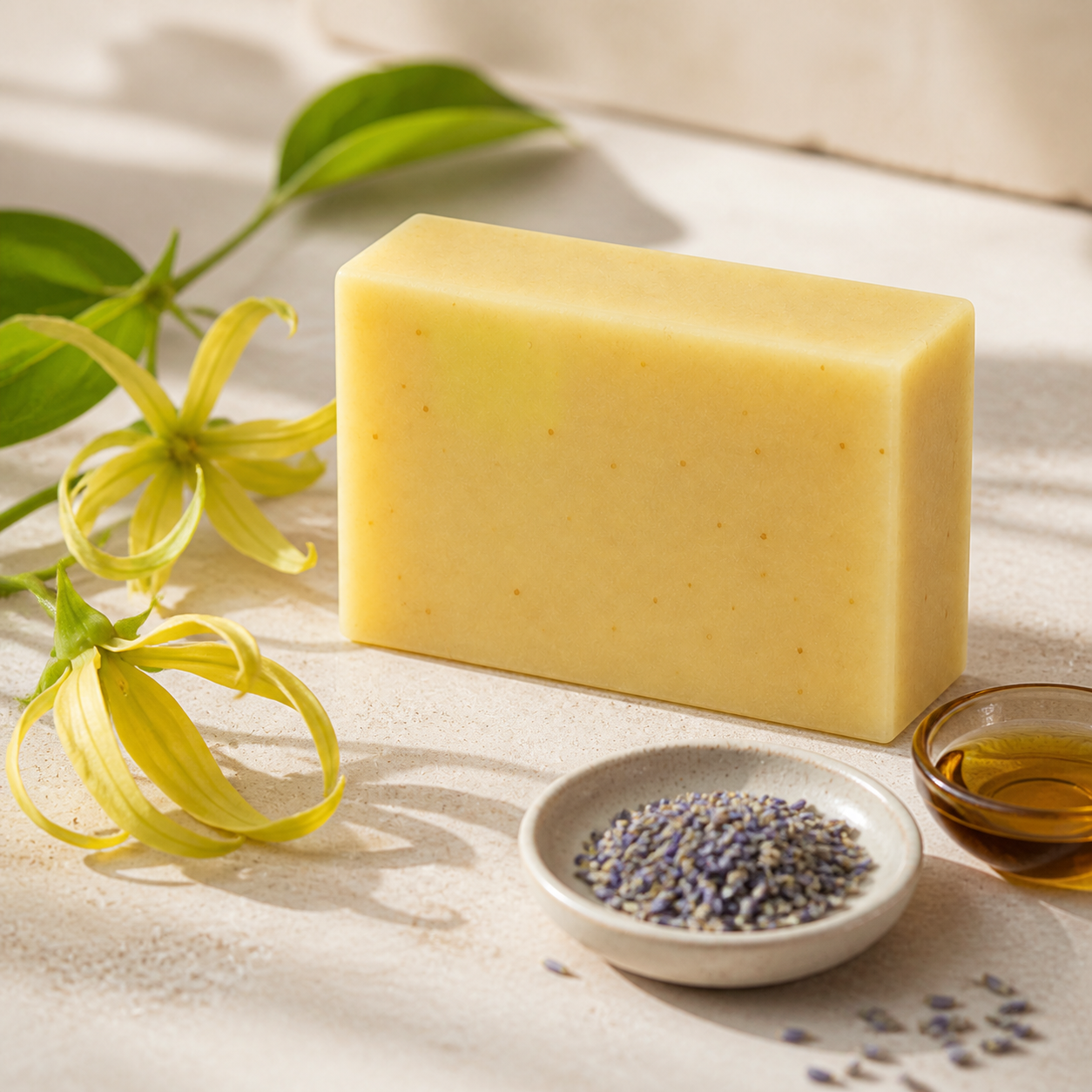 PL3 soap styled with ylang ylang flowers natural oil and lavender buds