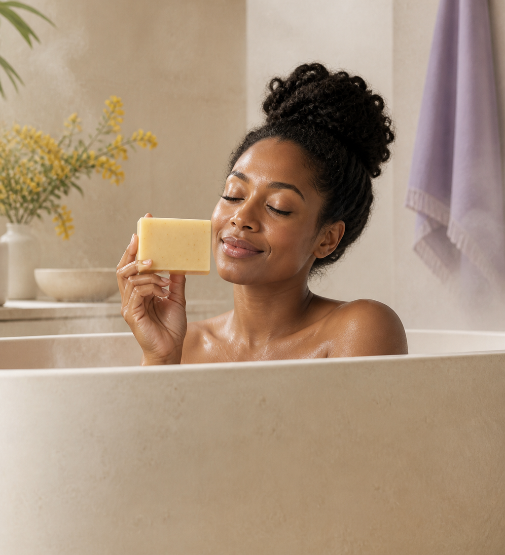 Black woman holding PL3 Ylang Ylang Lavender soap in a soothing spa bath setting