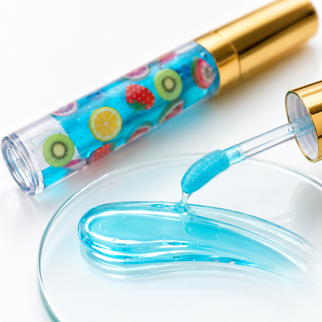 Close-up texture of PL3 Smerry Berry Drip aqua-blue fruit-slice lip gloss with wand applicator