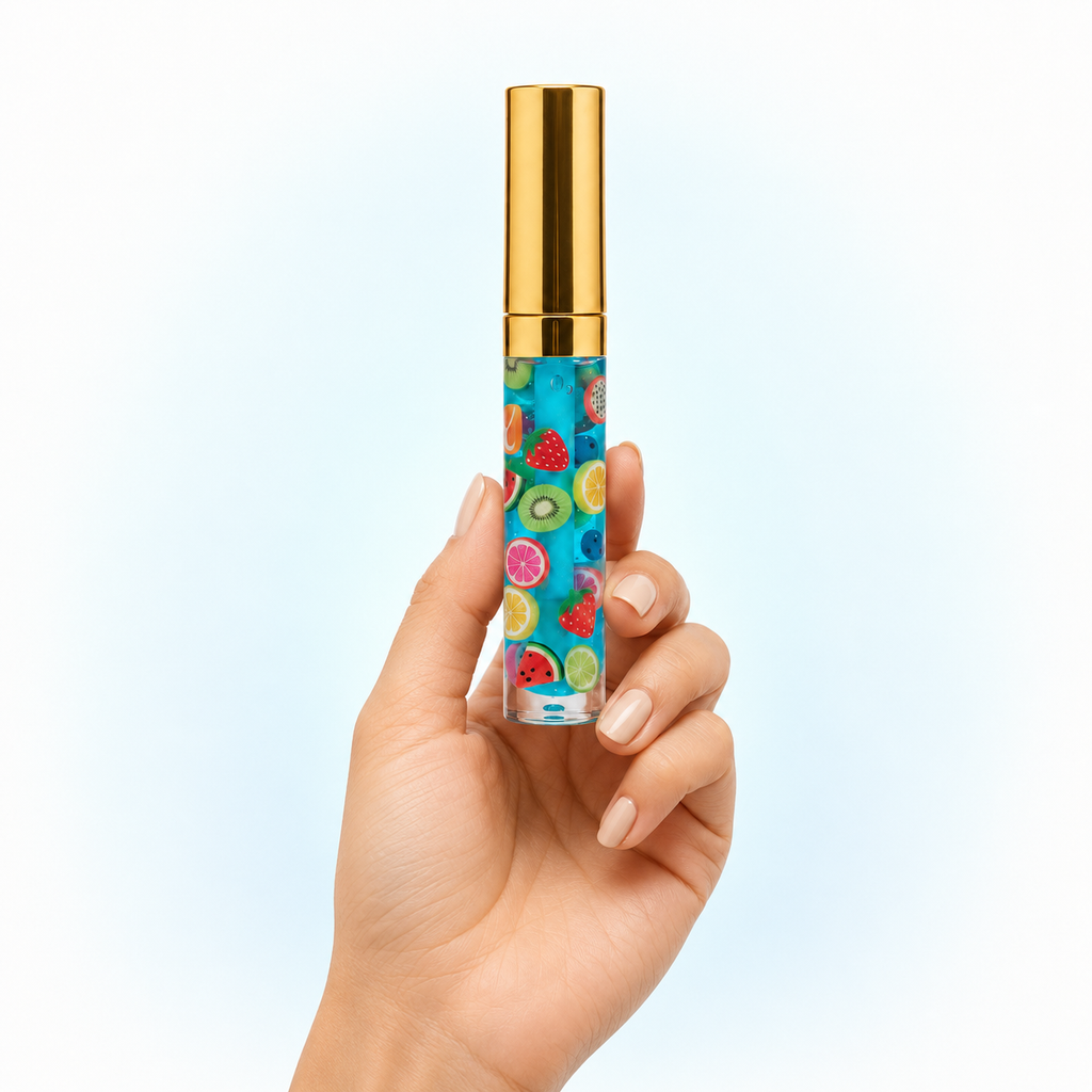 Hand holding an 8 mL PL3 Smerry Berry Drip blue fruit-slice lip gloss for size