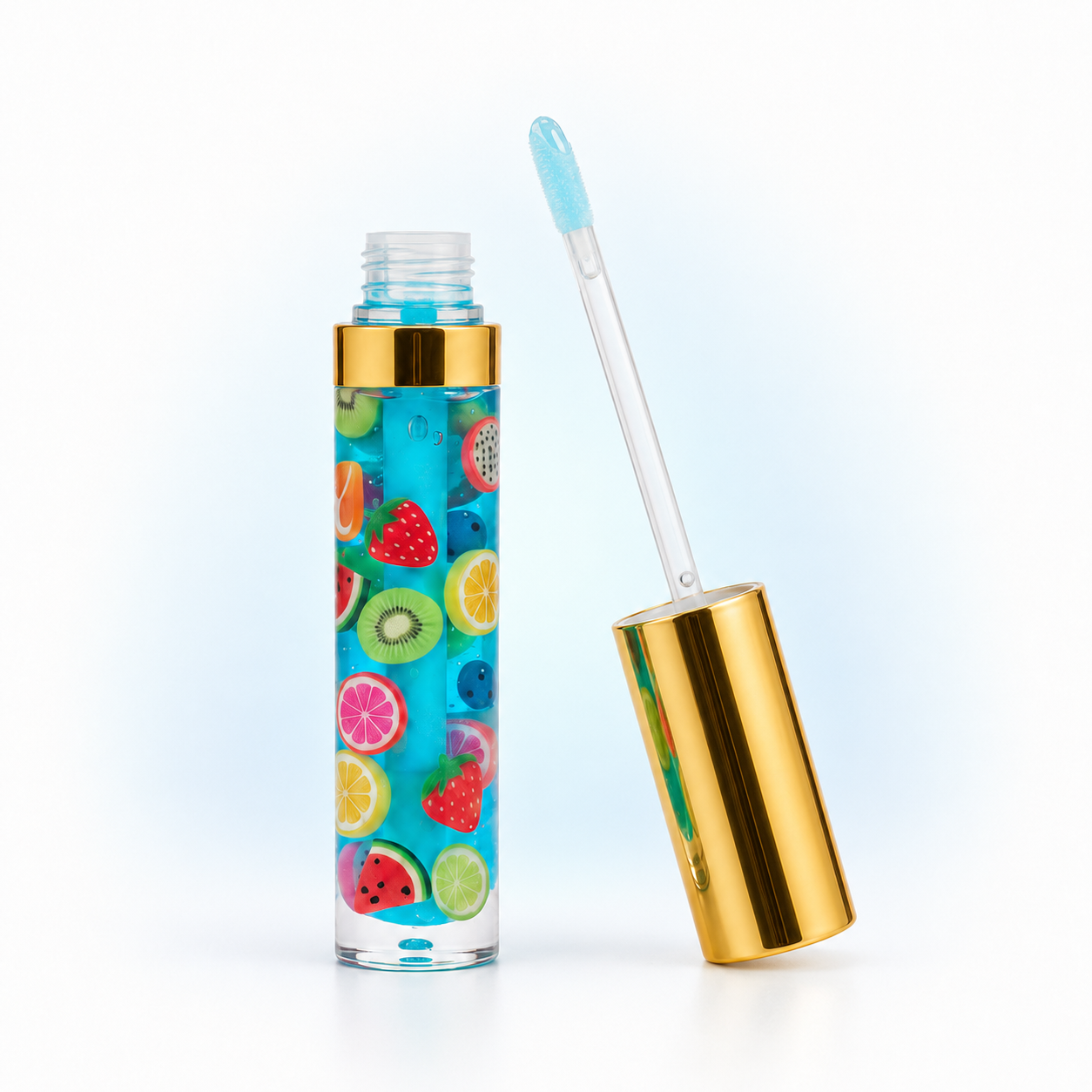 Open PL3 Smerry Berry Drip blue fruit-slice lip gloss with gold cap and wand applicator